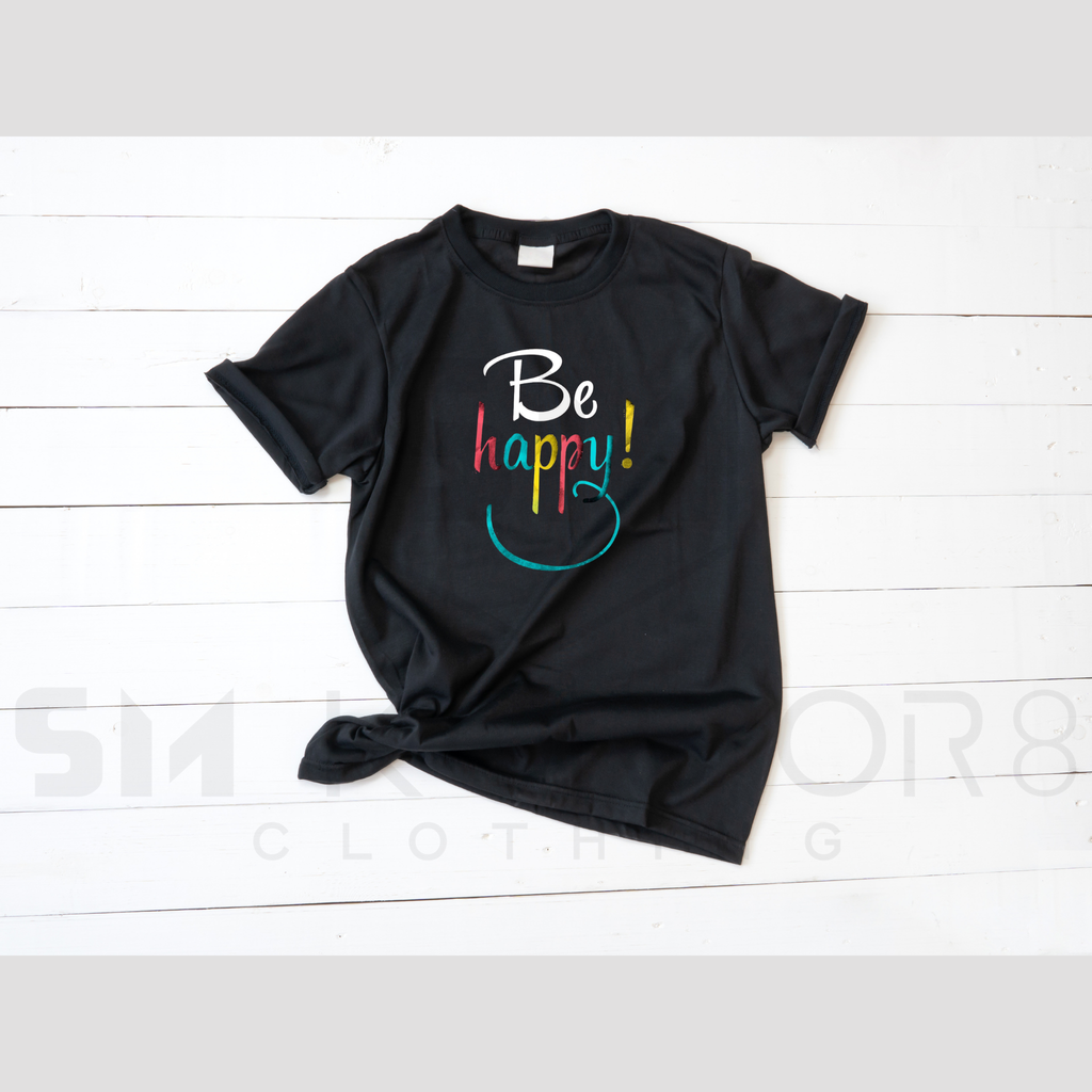Ladies Black T-Shirt - Be Happy design