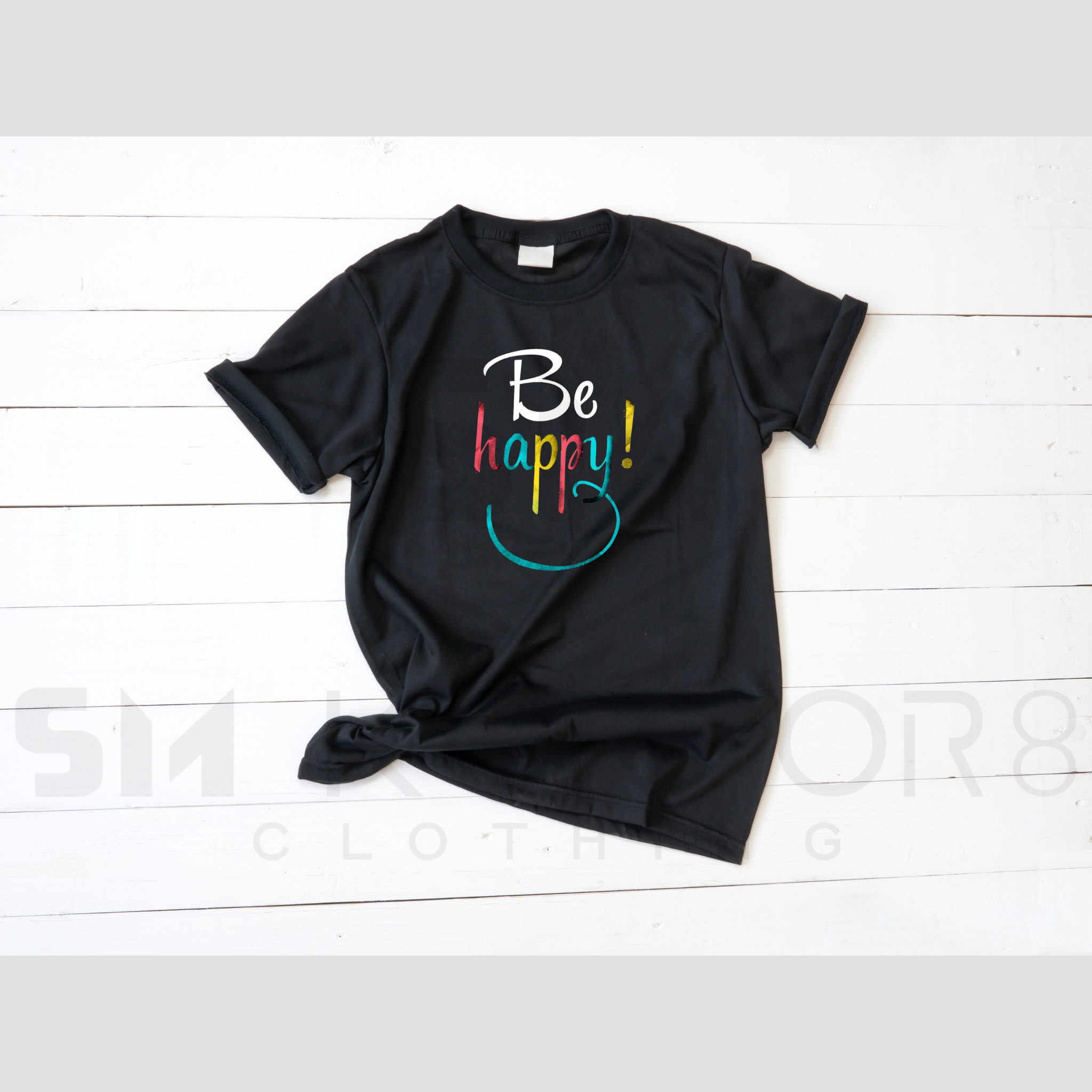 Ladies Black T-Shirt - Be Happy design