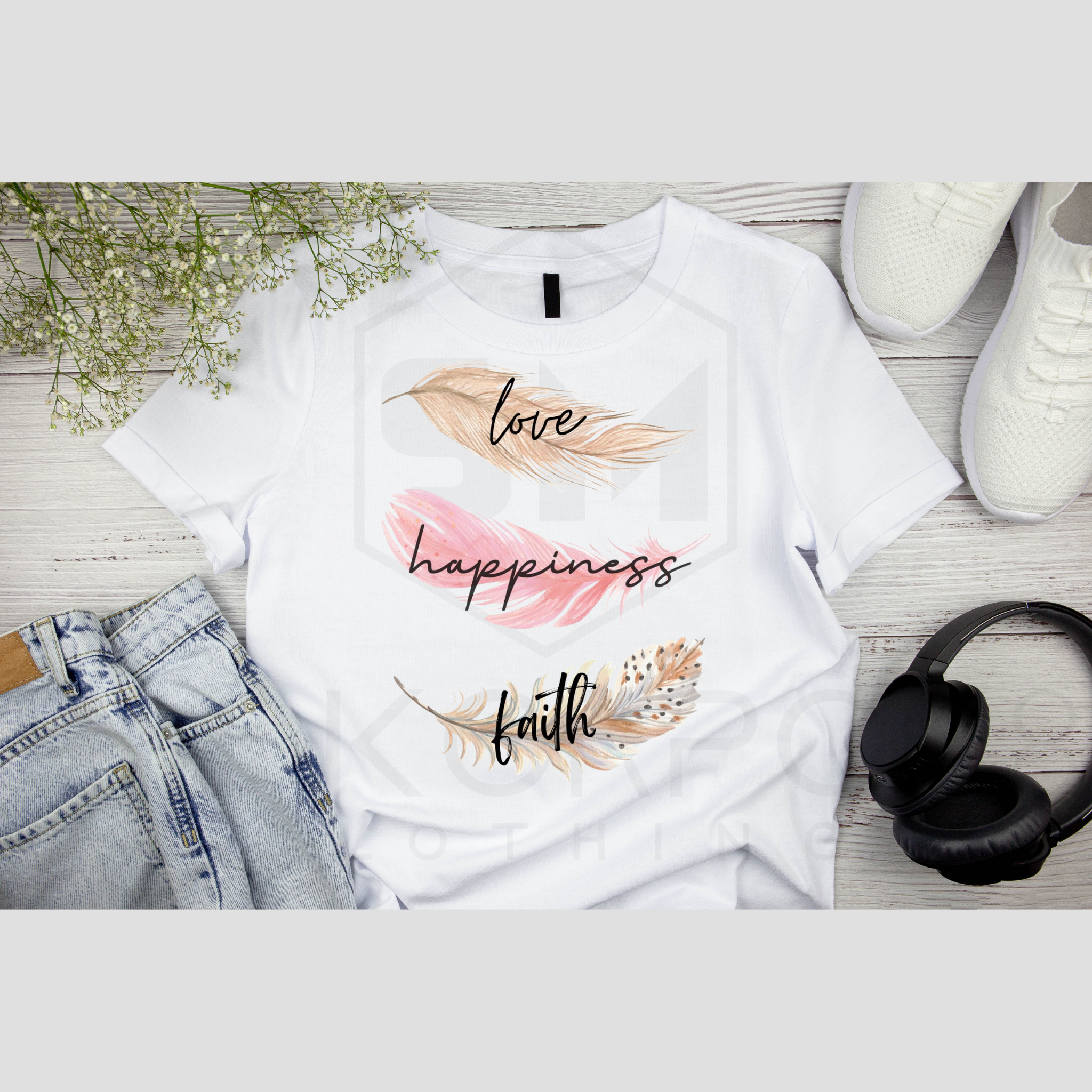 Ladies White T-Shirt - Love-Happiness-Faith design
